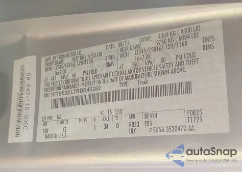 2011 Ford E-350 Super Duty Commercial z USA, uszkodzony, nr VIN 1FTSE3EL7BDB40282